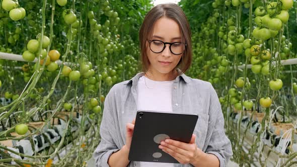 Young Woman Using or Playing Tablet in Greenhouse. Green Plant Growing in Warm House.