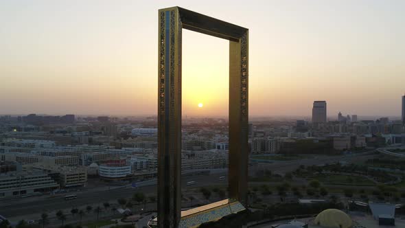 Aerial view of Dubai Frame, a landmark in Dubai downtown, United Arab Emirates.