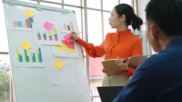 Young Woman Explains Business Data on White Board