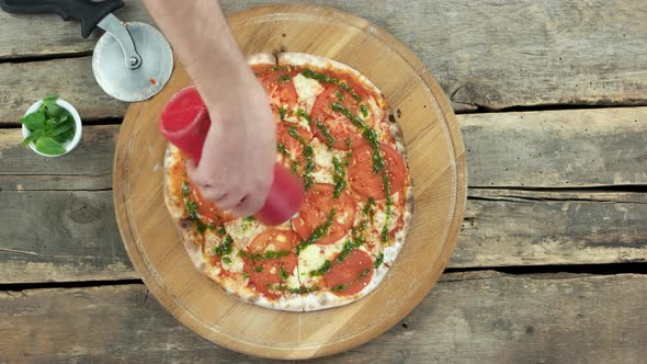 Caprese Pizza on Wooden Board.