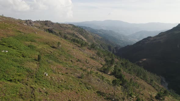 huge valley in Peneda-Geres National Park, Portugal. UNESCO biosphere reserve. Aerial reversing view