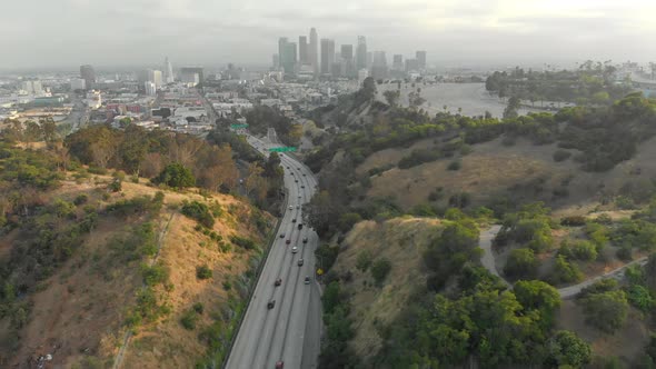 Aerial of Downtown LA from Elysian Park Over Highway