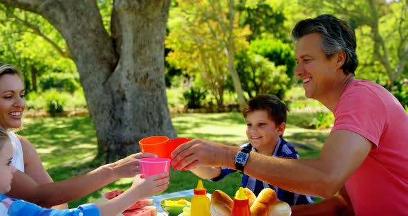 Happy family having juice in park 4k