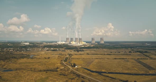 Smoking Nuclear Power Plant Aerial