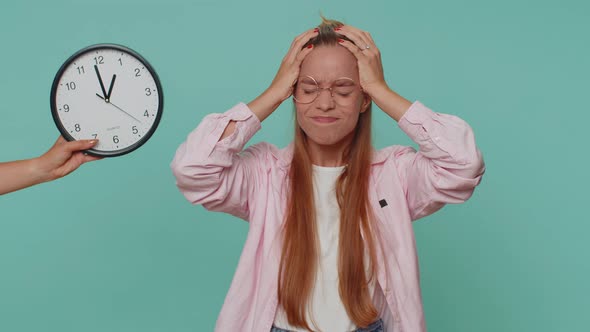 Teenager Girl with Anxiety Checking Time on Clock Running Late to Work Being in Delay Deadline