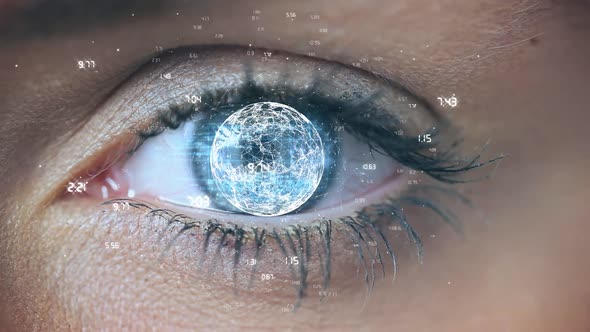 Rotating global network and data over blue eye in the background alt