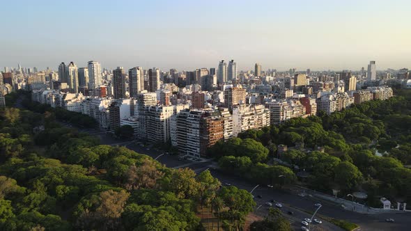 Palermo Japanese garden woodlands Buenos Aires urban skyscraper skyline aerial push in