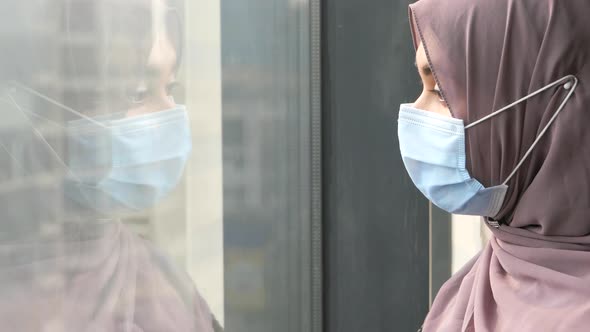 Side View Muslim Woman Flu Mask Looking Through Window