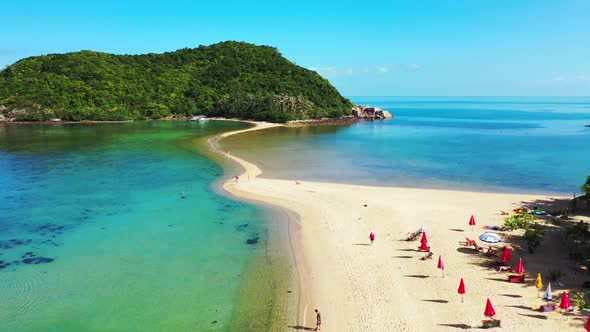 Aerial top down seascape of perfect coast beach adventure by blue ocean and white sandy background o