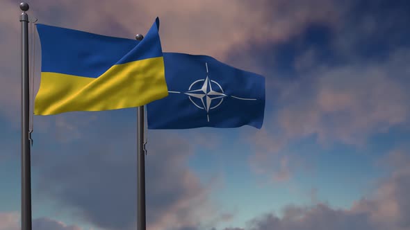 Nato Flag Waving Along With The National Flag Of The Ukraine - 4K