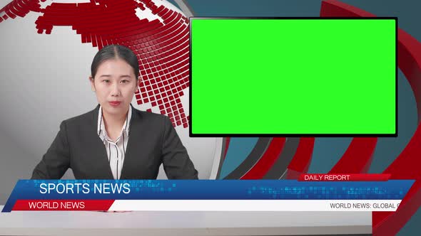 Live News Studio With Asian Female Anchor And Green Screen Television Reporting On The Day