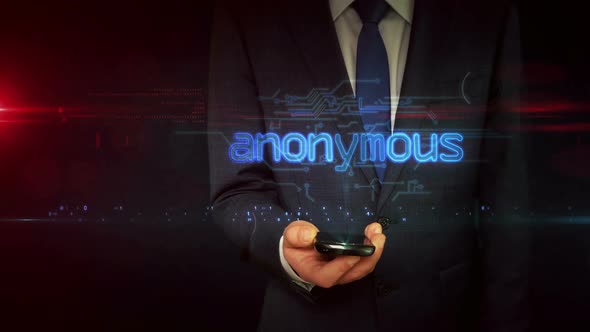 Anonymous hologram on businessman hand