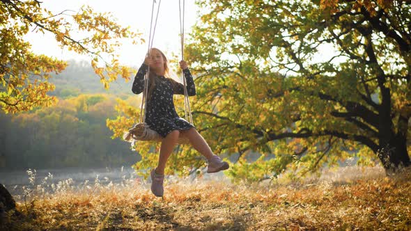 Happy Child Girl on Swing at Golden Sunset
