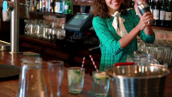 Portrait of barmaid preparing cocktail at bar counter