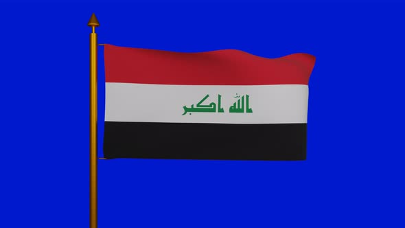 National flag of Iraq waving with flagpole on chroma key, Islamic Republic of Iraq flag textile