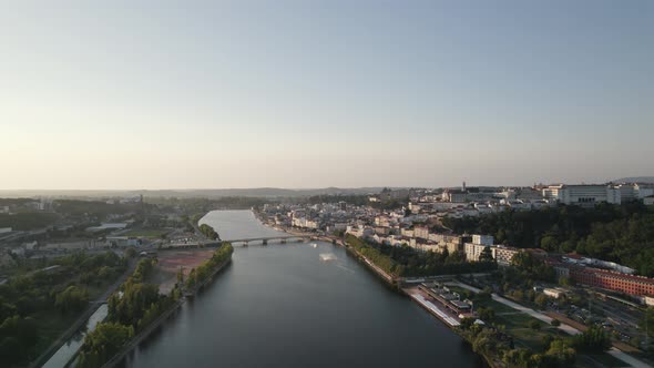 Two bridges over Mondego river at Coimbra, Portugal. Aerial reverse