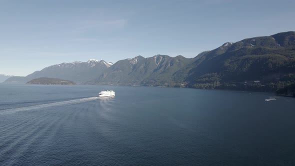 Aerial view of a vessel sailing in Canadian  ocean, British Columbia Ferry Services in Vancouver, cr