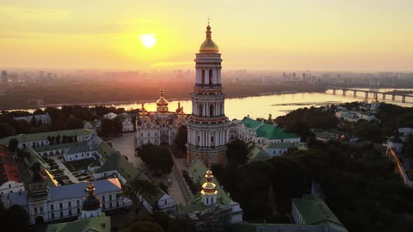 Kyiv, Ukraine: Aerial View of Kyiv-Pechersk Lavra in the Morning at Sunrise.