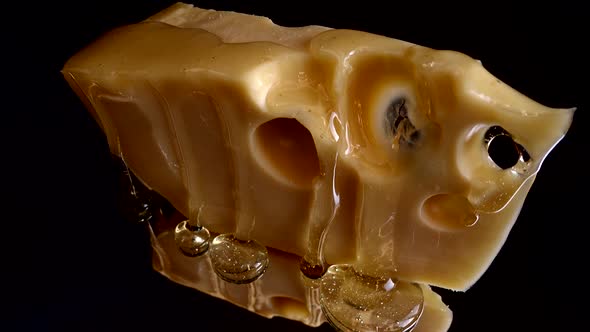 Drops of honey flow down from the cheese on a mirrored black background.