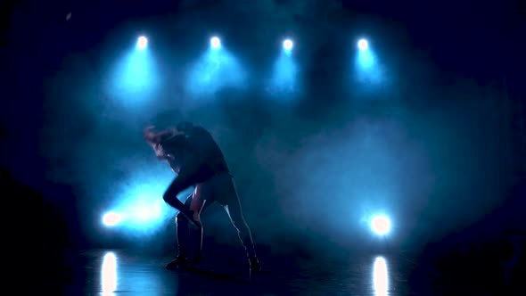 Modern Romantic Choreography Against Black Background with Spotlights in Smoke at Studio, Slow