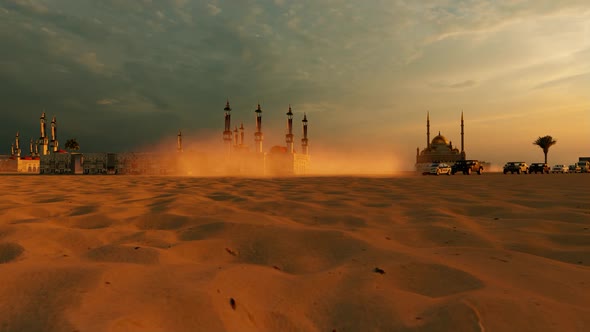 Grand Mosque with 4 Minarets in the Desert and Convoy Passing By
