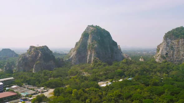 Aerial view of Khao Ngu Stone. National park with river lake, mountain valley hills