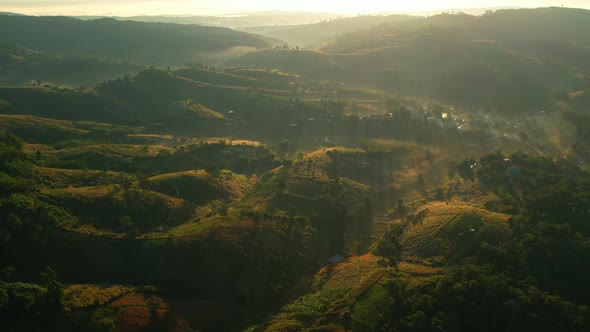 4K Aerial view of Mountains landscape with morning fog.