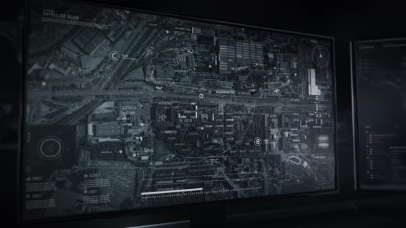 High Tech Spy Radar Technology Scan Of A Roadway Target Location On Aerial Map alt
