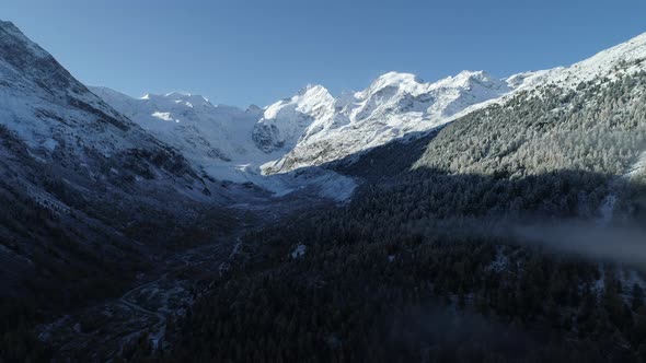 Aerial view of Morteratsch valley, Canton of Graubuenden, Switzerland