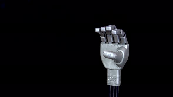 A Mechanical Arm Flexes Fingers. Gray Cyborg Arm Came To Life and Began To Move on a Black