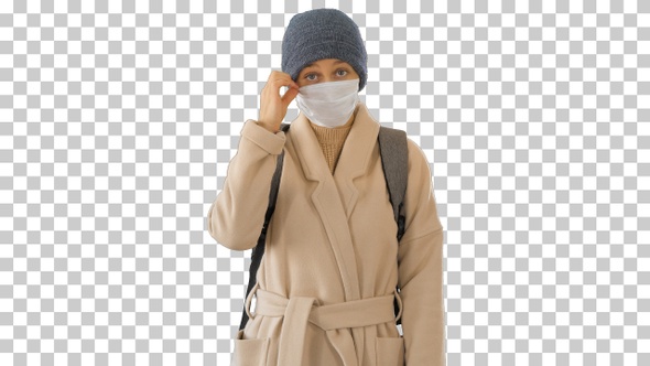 Girl in A Medical Face Mask Standing in A Coat, Alpha Channel