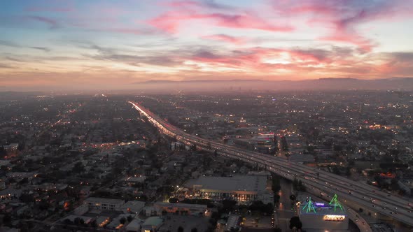 Los Angeles Panorama at Beautiful Sunset From Bird's-eye View California, USA