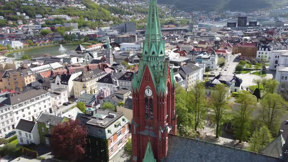 Johannes church in Bergen Norway - Close up rotating aerial around the tower