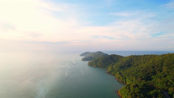 Many fishing boats were sailing in the sea near the bays and estuaries