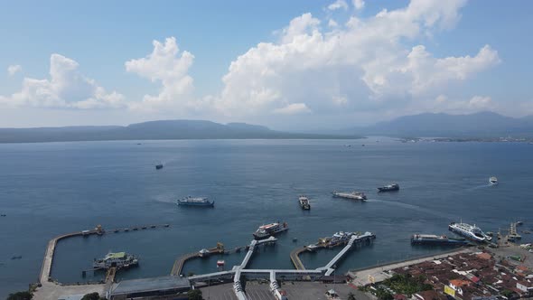 Aerial view of Port in Banyuwangi Indonesia with ferry in Bali Ocean