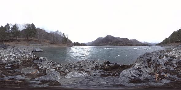 VR of a Beautiful Mountain River at the Late Autumn Time. National Park, Meadow, River Bank