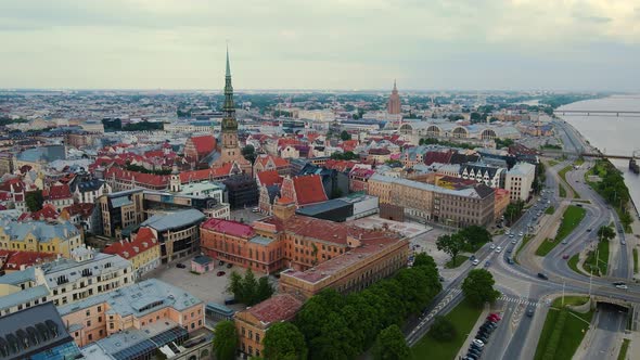 Stunning Aerial View of Riga Latvia and Daugava River on the Side Aerial View