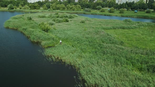 A Fisherman On The Shore Of The Lake Catches Fish On A Spinning Rod. Aerial Photography