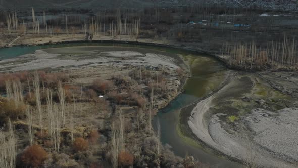 Aerial View Along Road Beside River In Ghizer Valley District In Pakistan. Phander valley in Ghizer