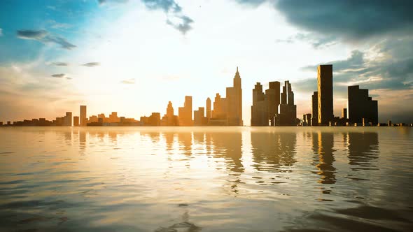 Skyline with Skyscrapers and Sea at Sunset