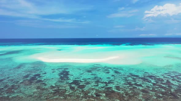 Aerial drone shot sky of exotic bay beach time by blue green ocean and clean sandy background of a d