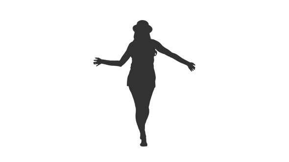 Silhouette of Young Happy Woman in Hat Walking in Dance