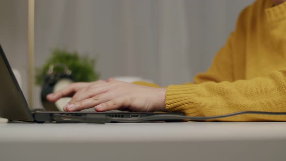 Close-up of an Asian woman typing on a laptop keyboard in the home office.
