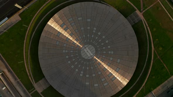 Aerial Birds Eye Overhead Top Down View of Velodrome Arena in Berlin, Germany. Futuristic Building