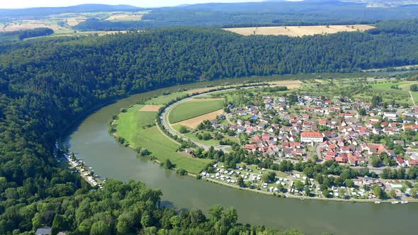 Aerial view of river loop Neckar, Binau, Baden-Wuerttemberg, Germany