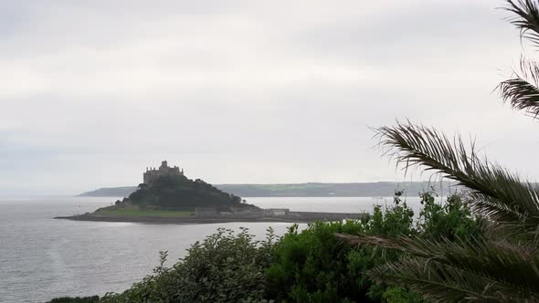 View from a terrace in Marazion of the english medieval castle and church of St Michael's Mount in C