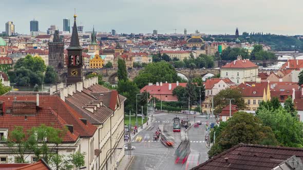 Aerial View of the Old Town Pier Architecture and Charles Bridge Over Vltava River Timelapse in