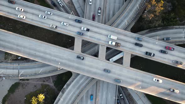 Aerial shot of a 4 level freeway interchange in Los Angeles