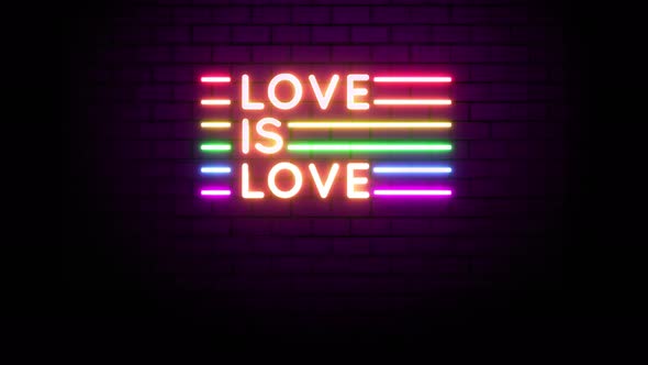 Love is Love Rainbow Flag LGBT Neon Sign Over Wall Background