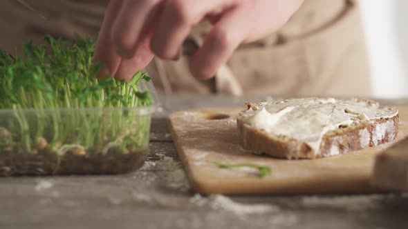 Making healthy sandwich. Male hands cut microgreens. Slice of bread spread with cream cheese
